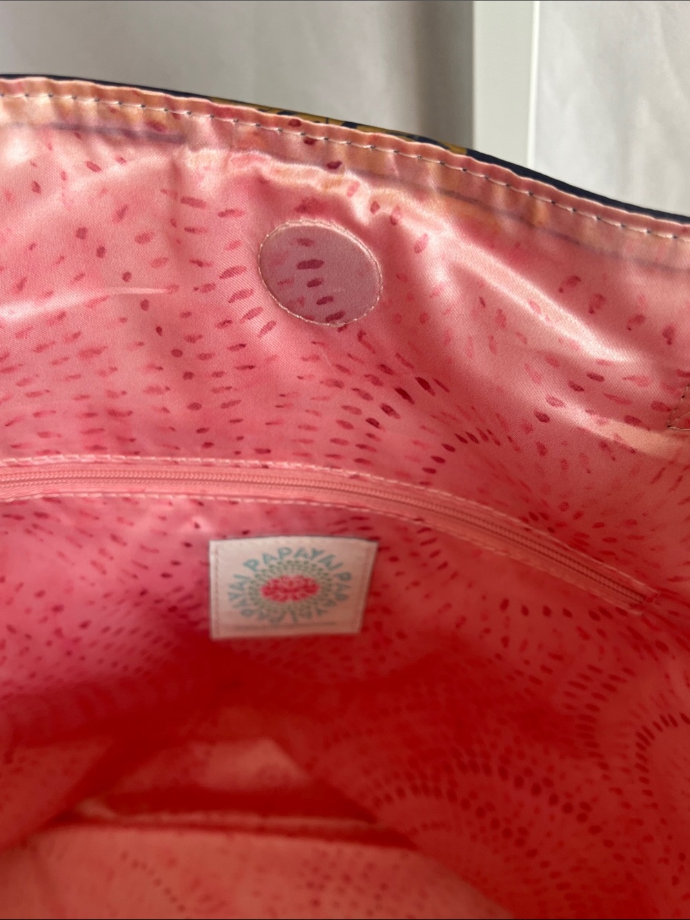Papaya Navy Tote with Gold Mandala and Brown Straps Pink Satan Lined - Picture 5 of 16